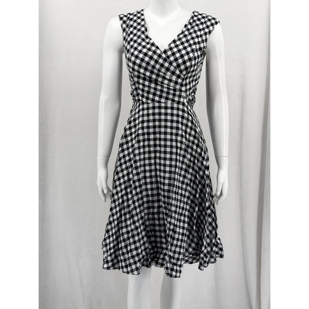 Calvin Klein Dress Womens 4 Black White Gingham Fit & Flare Cotton V-Neck Preppy